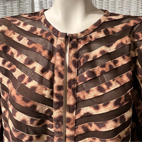 CHICOS TRAVELERS Sz 2 US L/12 Leopard Print Jacket Brown Suede Stripe Semi-Sheer - Picture 2 of 15
